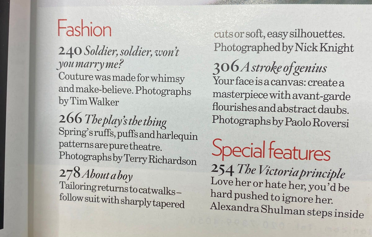 Vogue UK Magazine April 2008 page featuring fashion highlights including 'Soldier, soldier, won't you marry me?' and 'The play's the thing'.