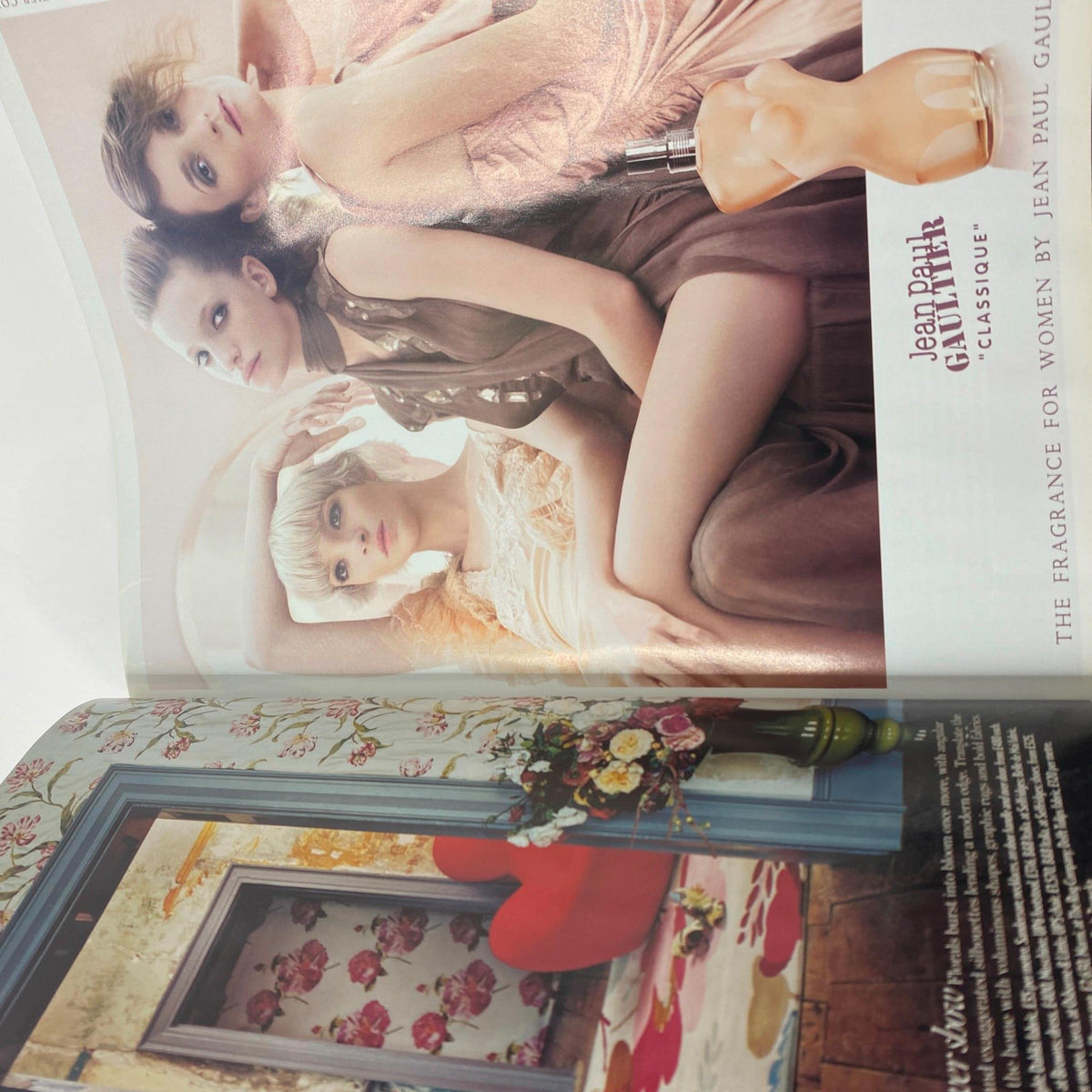 Editorial spread from Vogue UK Magazine April 2008 displaying elegant models promoting Jean Paul Gaultier fragrance.