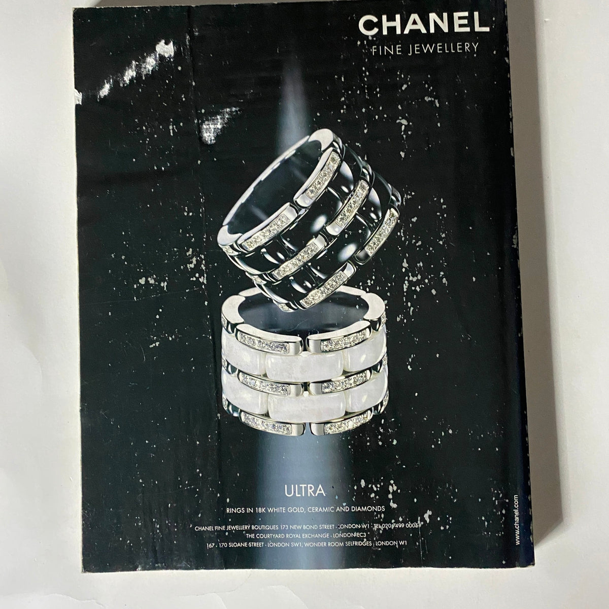 Cover page of the Chanel Fine Jewellery ad from Vogue UK Magazine April 2008, showcasing luxurious rings with intricate designs.