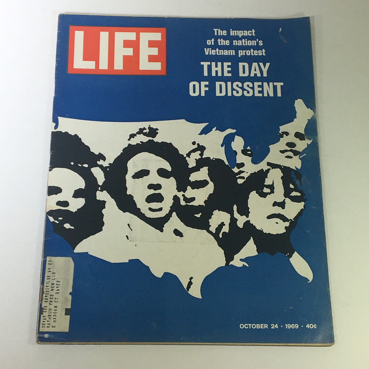 VTG Life Magazine cover from October 24, 1969, featuring the title 'The Day of Dissent', showcasing a striking design with activist faces and bold colors, reflecting the impact of the Vietnam protest movement.