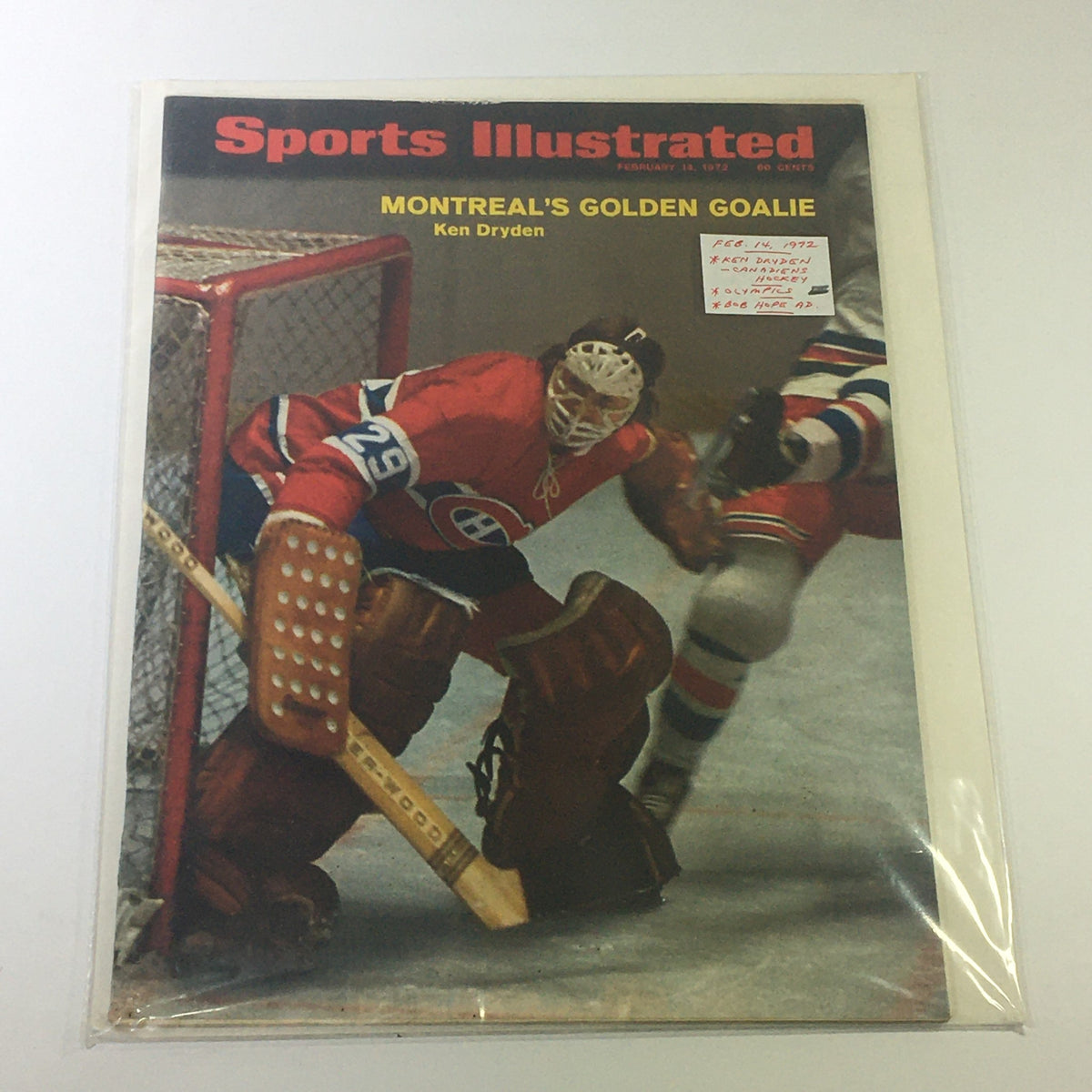 Sports Illustrated Magazine February 14, 1972, sealed and bagged edition showcasing Ken Dryden, Montreal's Golden Goalie.