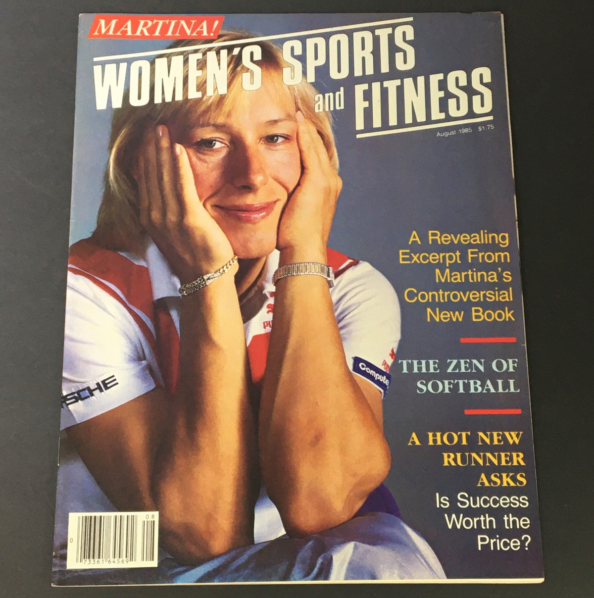 Cover of VTG Women's Sports & Fitness Magazine August 1985 featuring a smiling portrait of Martina Navratilova. The magazine highlights articles on women's sports and fitness, with titles about Martina's controversial book and the zen of softball.