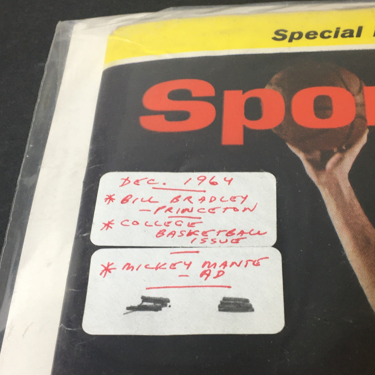 Close-up of the VTG Sports Illustrated Magazine cover from December 7, 1964, highlighting Bill Bradley from Princeton, special college basketball issue details.