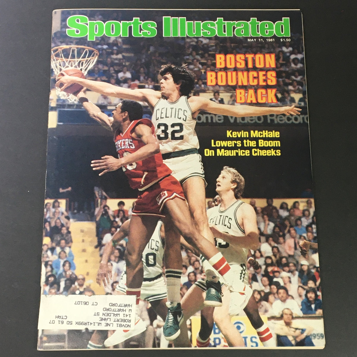 Sports Illustrated Magazine May 11 1981 featuring Boston Celtics players Larry Bird and Kevin McHale, showcasing Kevin McHale in action against Maurice Cheeks.