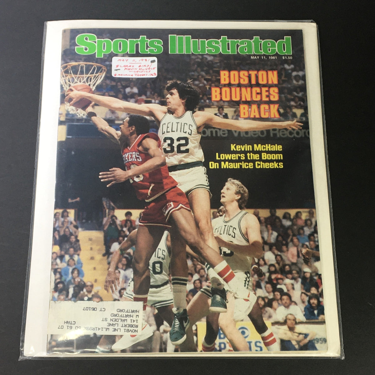 Sports Illustrated Magazine May 11 1981, highlighted with Boston Celtics stars Larry Bird and Kevin McHale, displaying Kevin McHale lowering the boom on Maurice Cheeks.