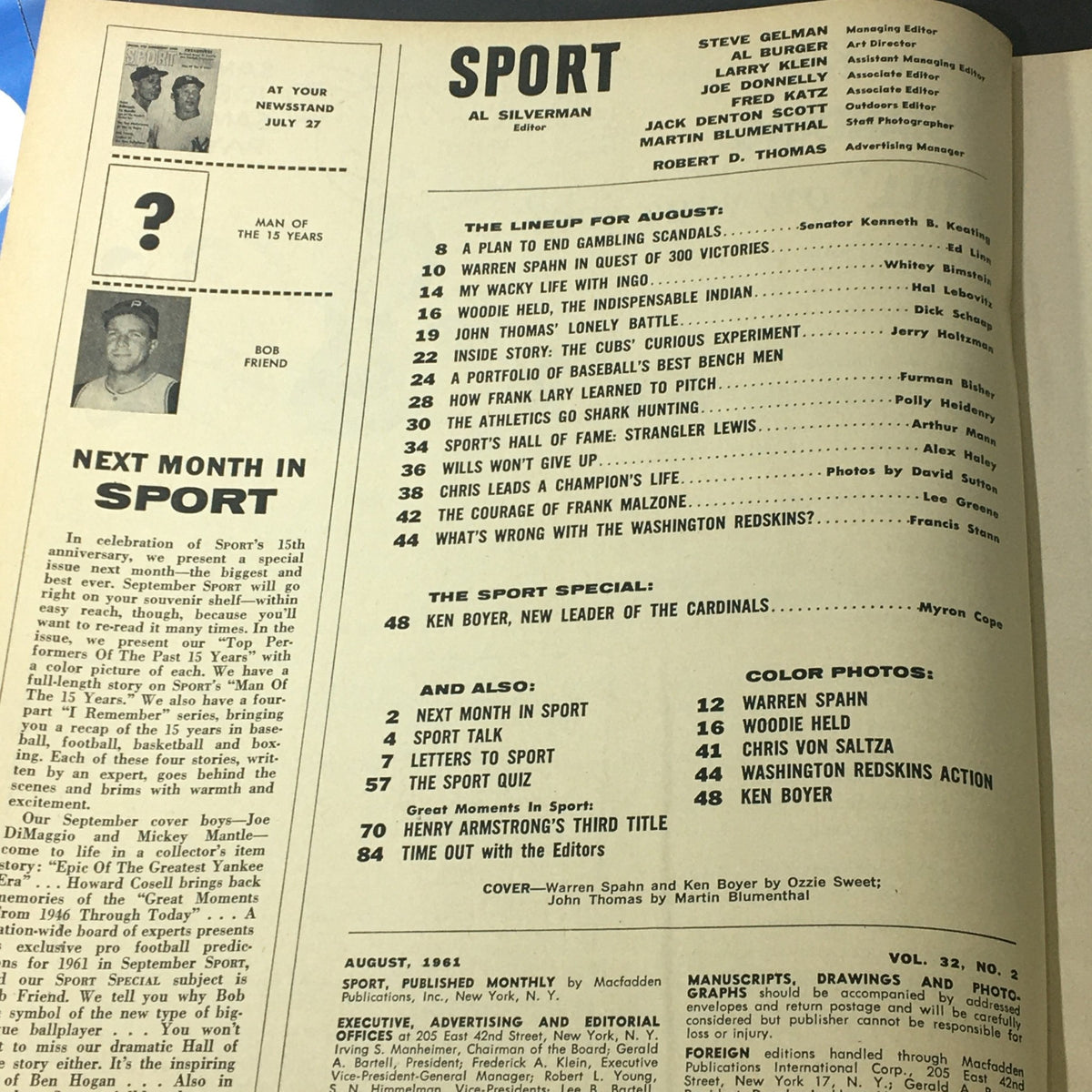 Inside page of VTG Sport Magazine August 1961 outlining the content and features, including articles on Warren Spahn and Ken Boyer, capturing the essence of sports journalism from the early '60s.