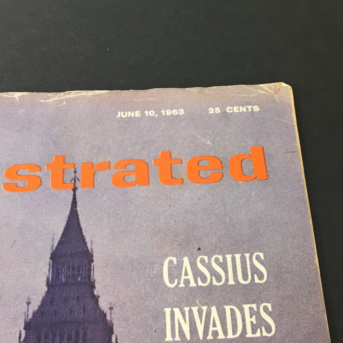 Cover of Sports Illustrated magazine dated June 10, 1963 featuring the title 'Cassius Invades' above an image of Big Ben in London. This vintage magazine showcases the iconic boxer Cassius Clay, known as Muhammad Ali.