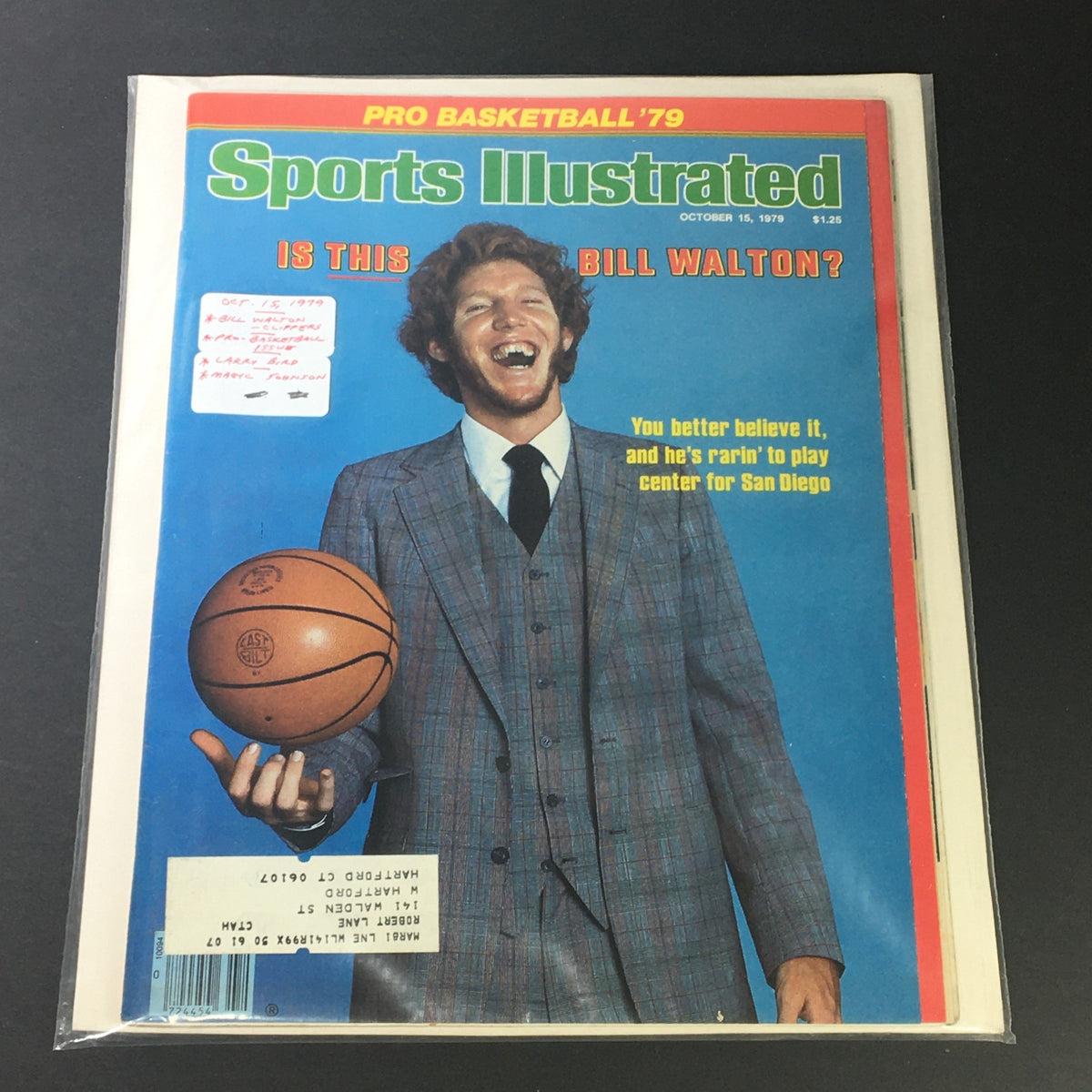 Vintage Sports Illustrated Magazine from October 15, 1979 featuring Bill Walton on the cover with a basketball, iconic design showcasing the late 1970s basketball culture.