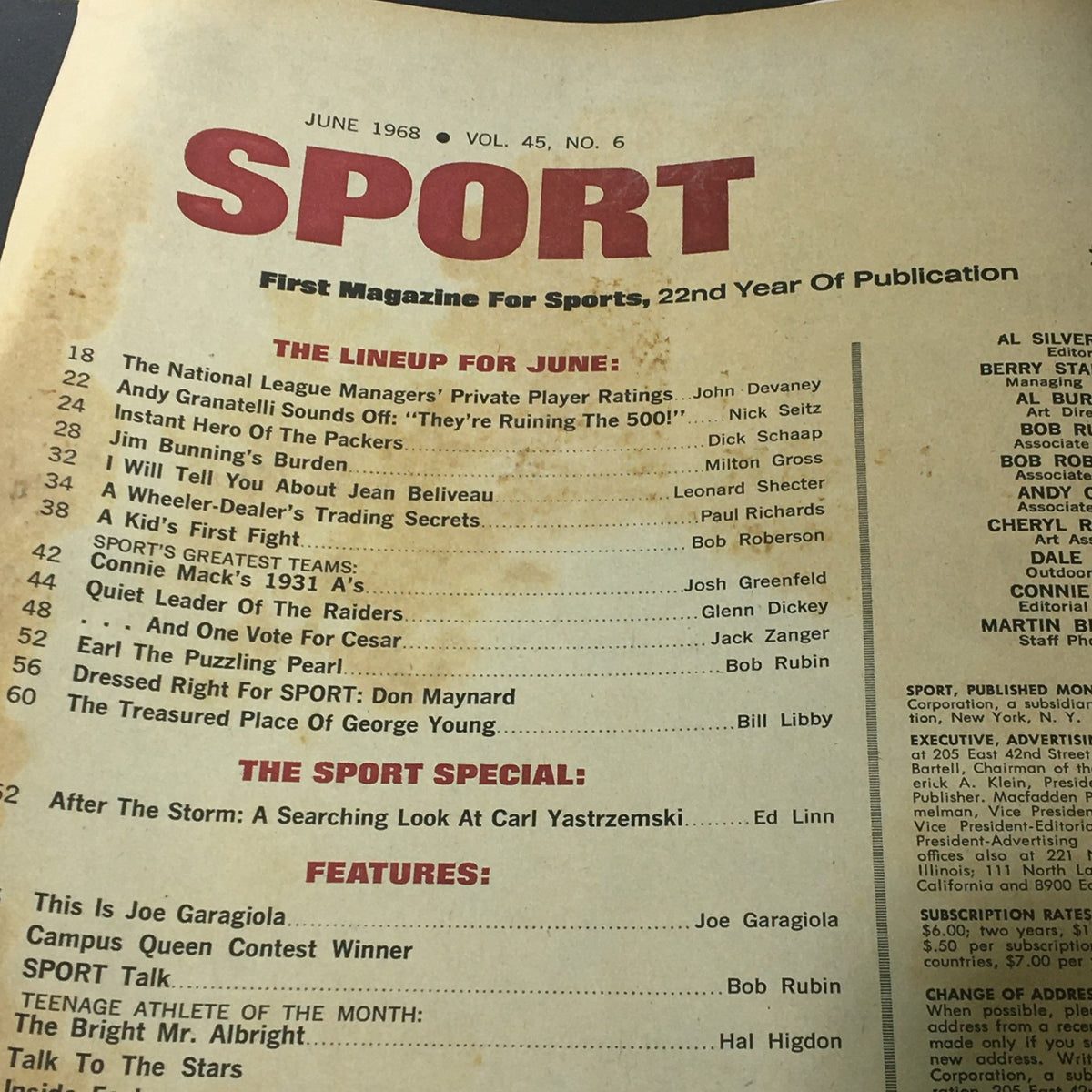 Inside page of the June 1968 Sport Magazine, Vol 45 #6, showcasing the table of contents including 'The Sport Special: A Searching Look At Carl Yastrzemski'.