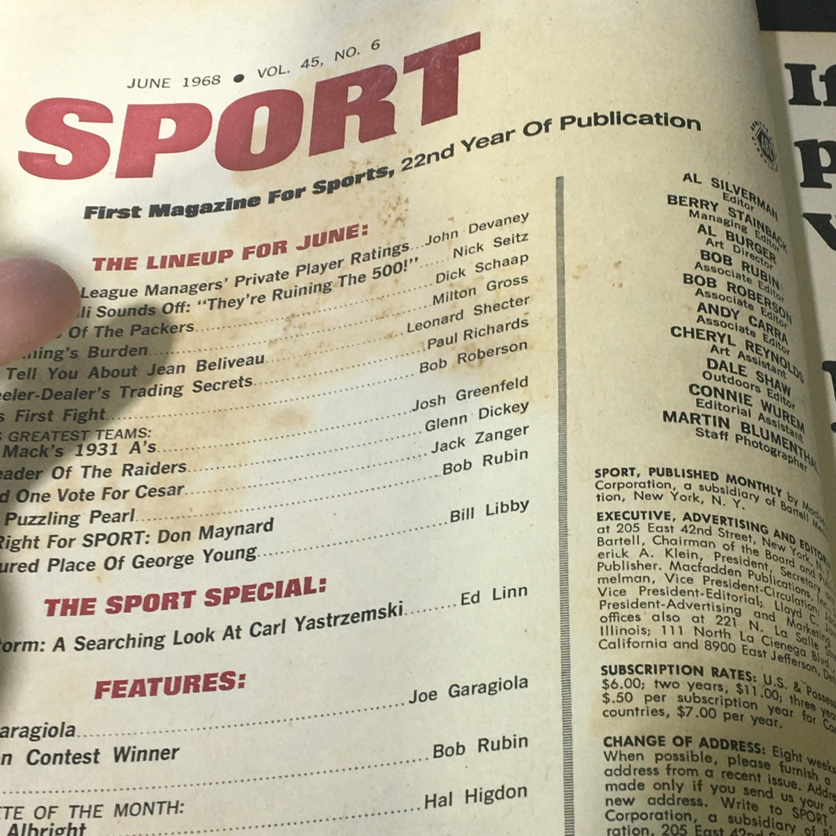 Another view of the contents page in the June 1968 Sport Magazine, highlighting features and articles related to Carl Yastrzemski and other sports.
