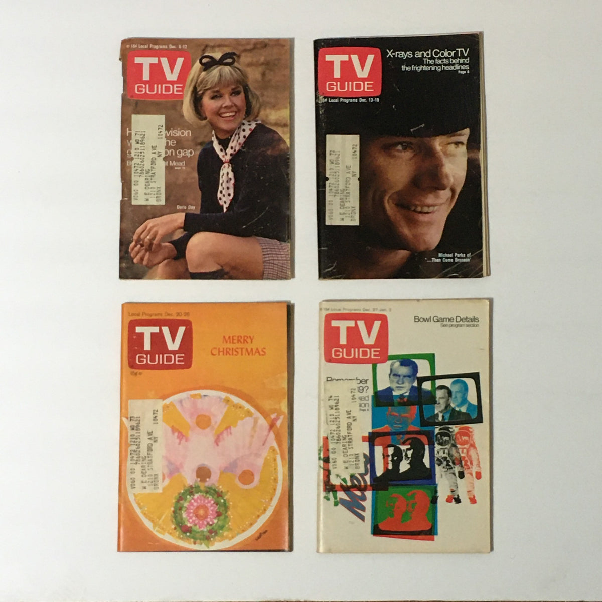 Complete Year Of TV Guide Magazines 1969, 52 Issues showcasing four vintage TV Guide covers, featuring images of nostalgic television personalities and holiday themes. This collector's item includes special issues like Merry Christmas and covers on color TV and bowl games.