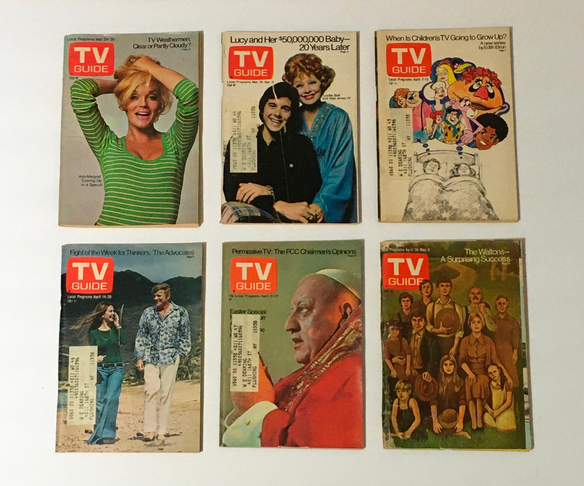 Complete Year Of TV Guide Magazines 1973 featuring six covers such as 'Lucy and Her $500,000 Baby - 20 Years Later' and 'When Is Children's TV Going to Grow Up?', capturing iconic moments in television with 53 nostalgic issues.