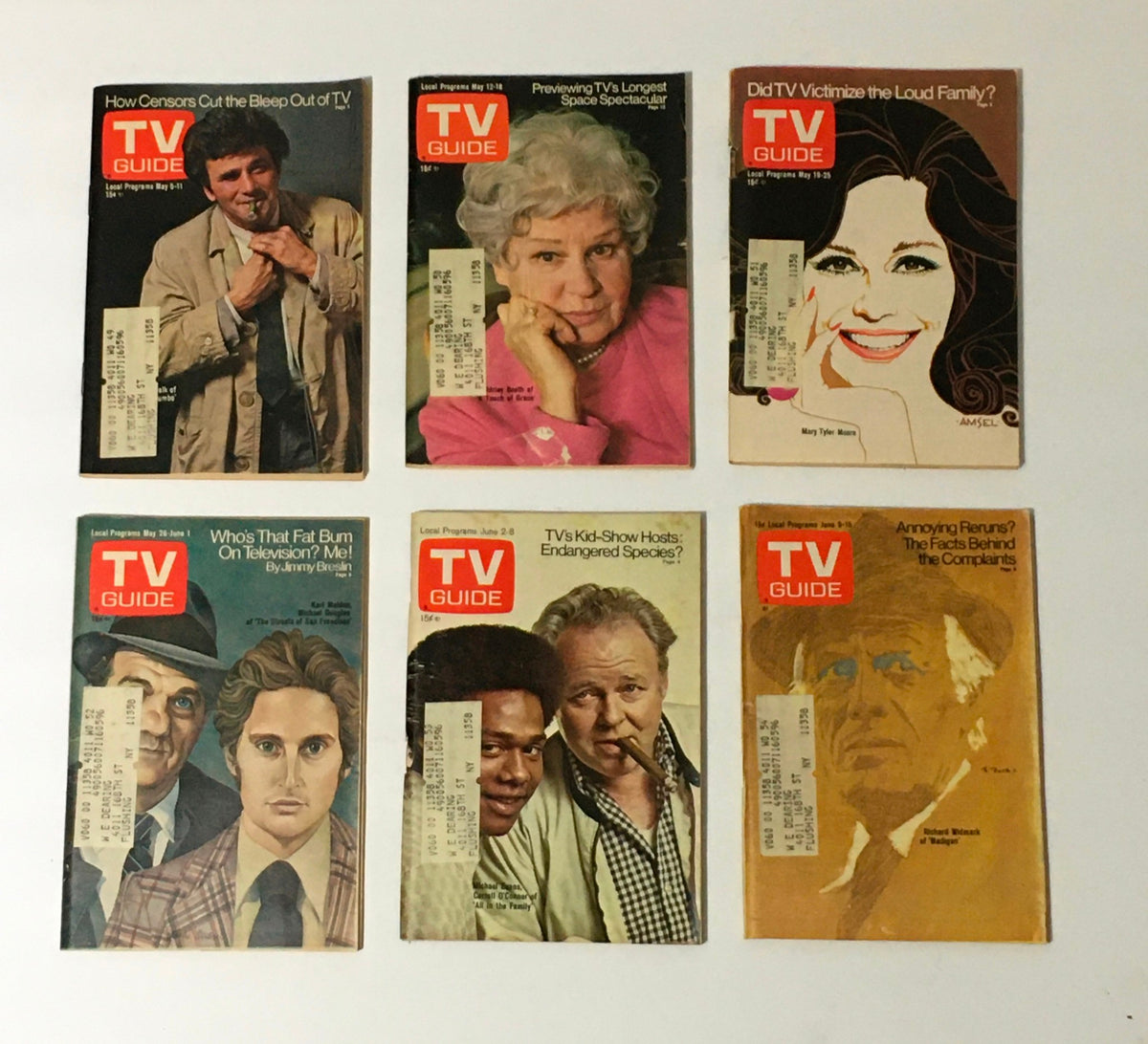 Complete Year Of TV Guide Magazines 1973 displaying six covers including 'How Censors Cut the Bleep Out of TV' and 'Did TV Victimize the Loud Family?', representing the diverse topics covered in the full collection of 53 issues.