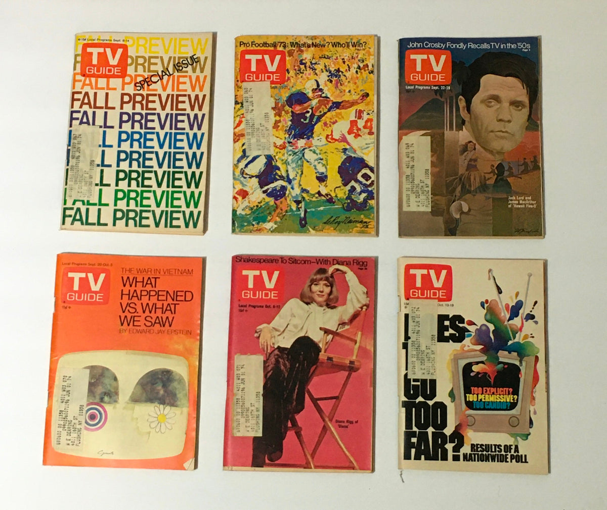 Set of six TV Guide magazines from 1973, displaying the special fall preview and various television topics, part of the complete year collection of 53 issues.