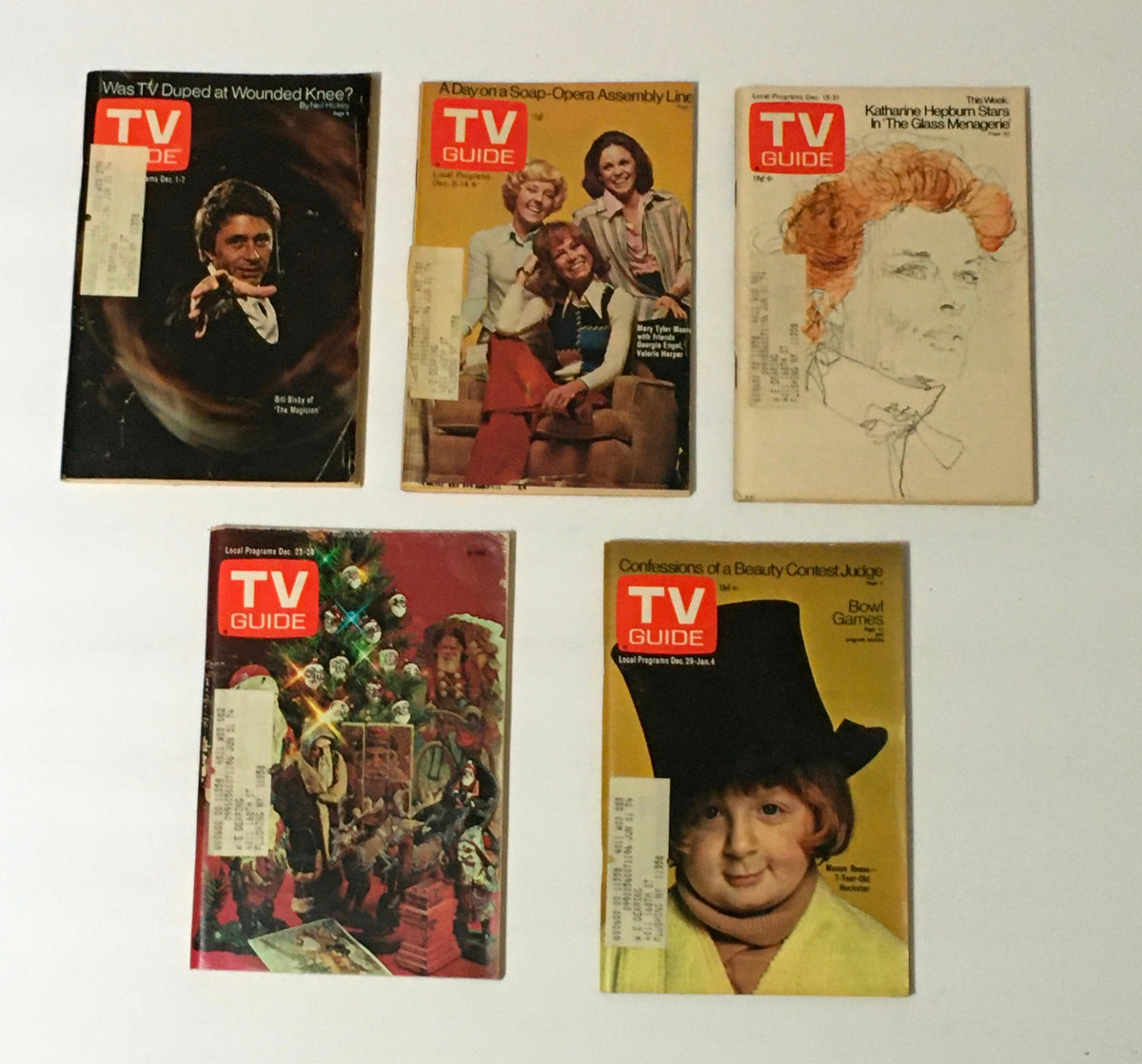 Six original TV Guide magazines from 1973, illustrating unique television themes and features, included in the complete year collection with 53 issues and a special fall preview.