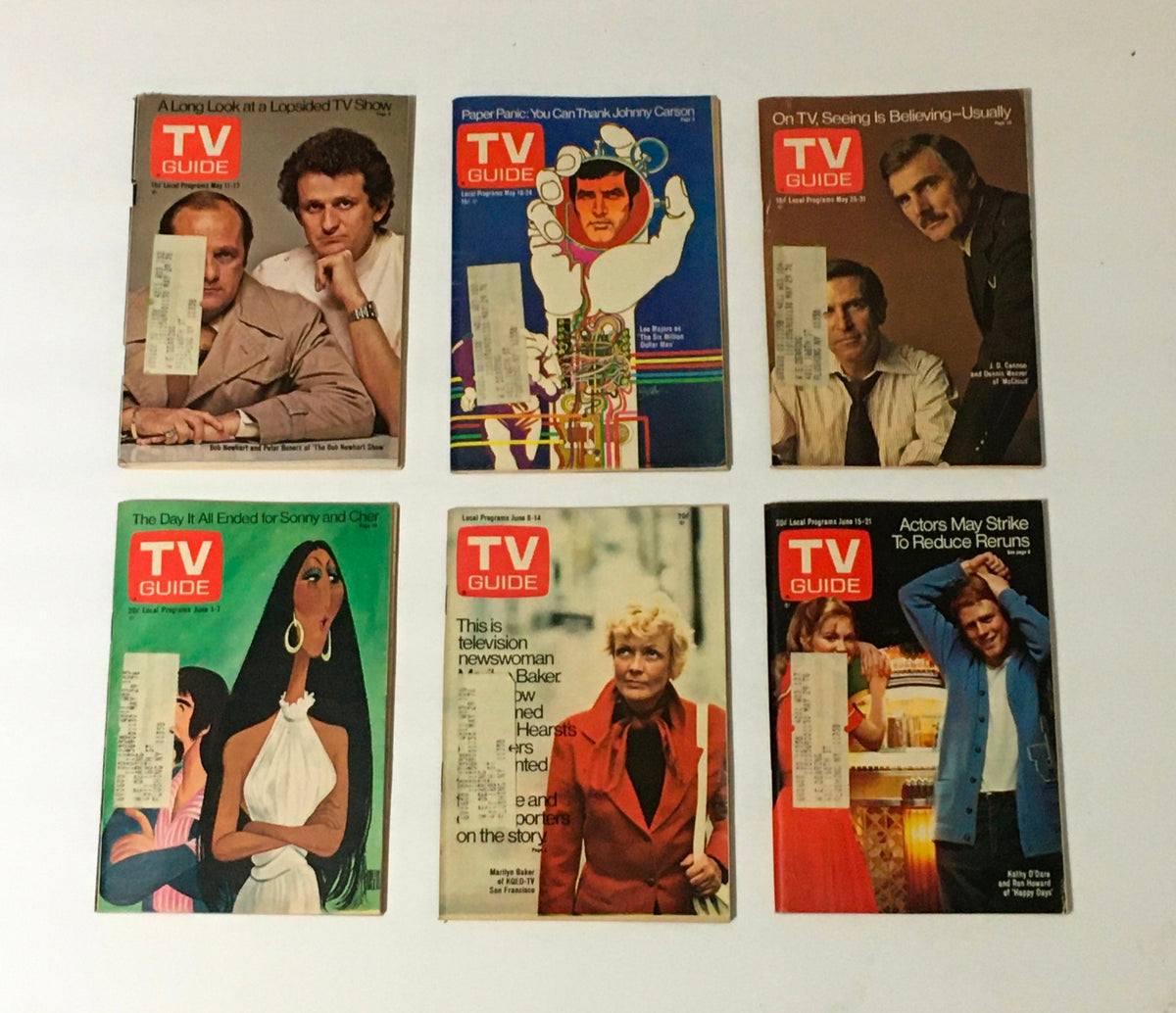 Complete Year of TV Guide Magazines 1974 - A collection of six issues featuring covers with notable themes and shows from May and June, highlighting the 1974 television landscape.