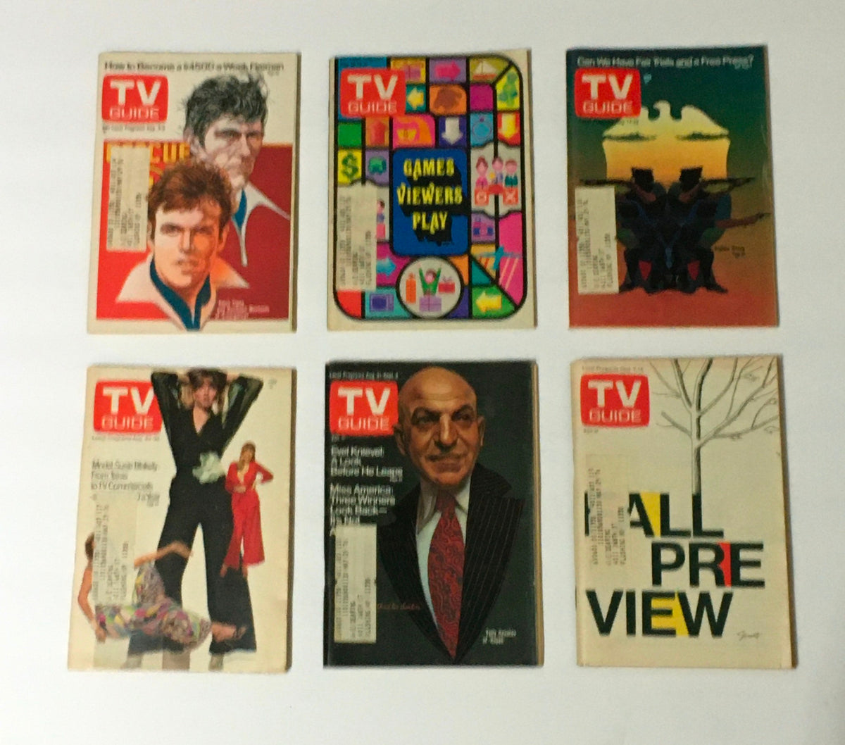 Complete Year of TV Guide Magazines 1974 - Six issues featuring captivating designs and commentary on games and viewer engagement from the 1974 TV landscape.