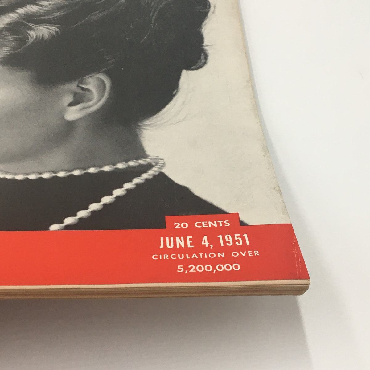 Close-up of the bottom corner of VTG Life Magazine from June 4, 1951, displaying the date, price, and circulation details, emphasizing vintage magazine features.