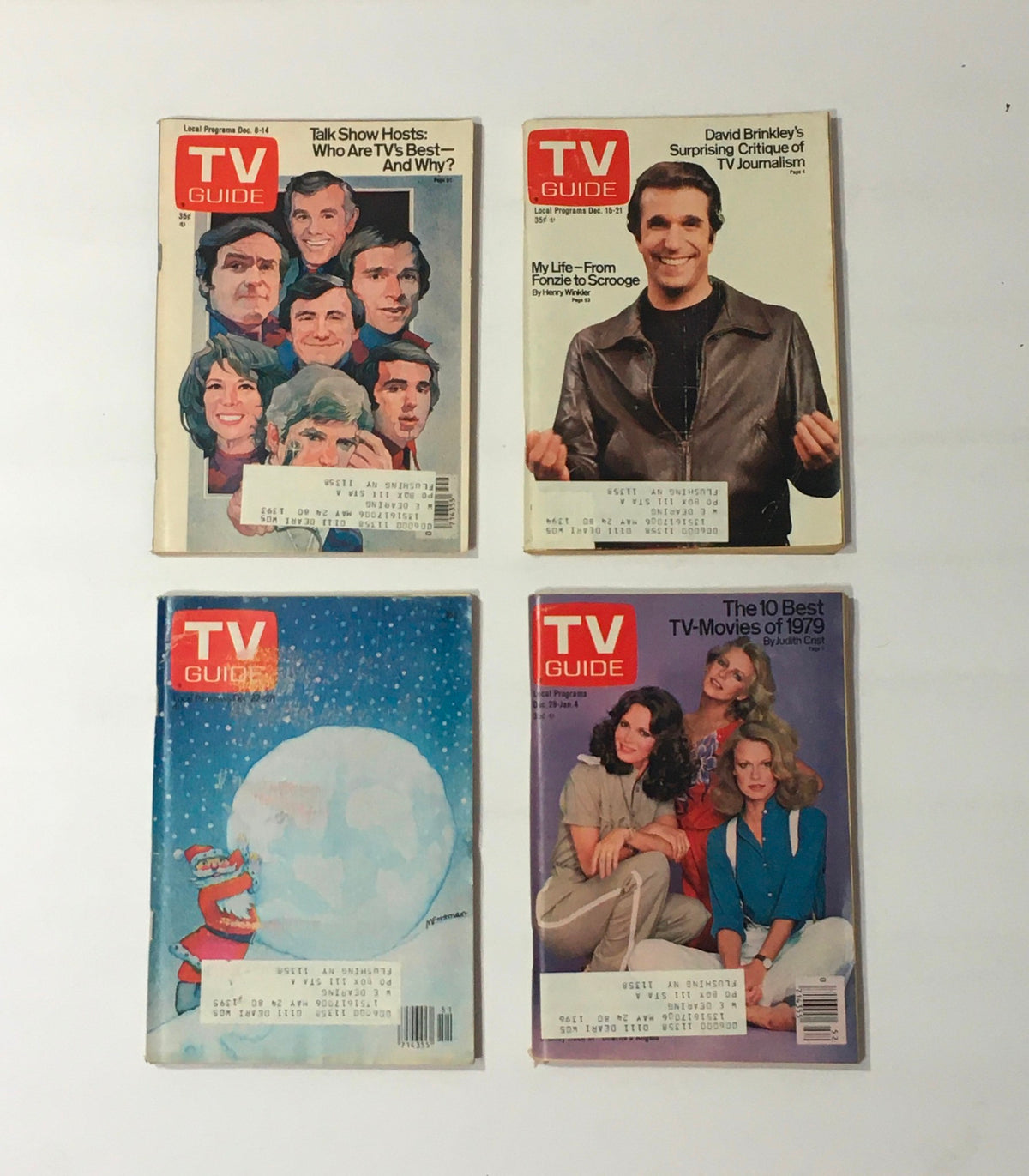 Collection of TV Guide magazines from 1979, featuring covers with articles on TV show hosts, David Brinkley, holiday themes, and the best TV movies of the year. Includes 'Complete Year Of TV Guide Magazines 1979, 52 Issues: Special Issue Fall Preview'.