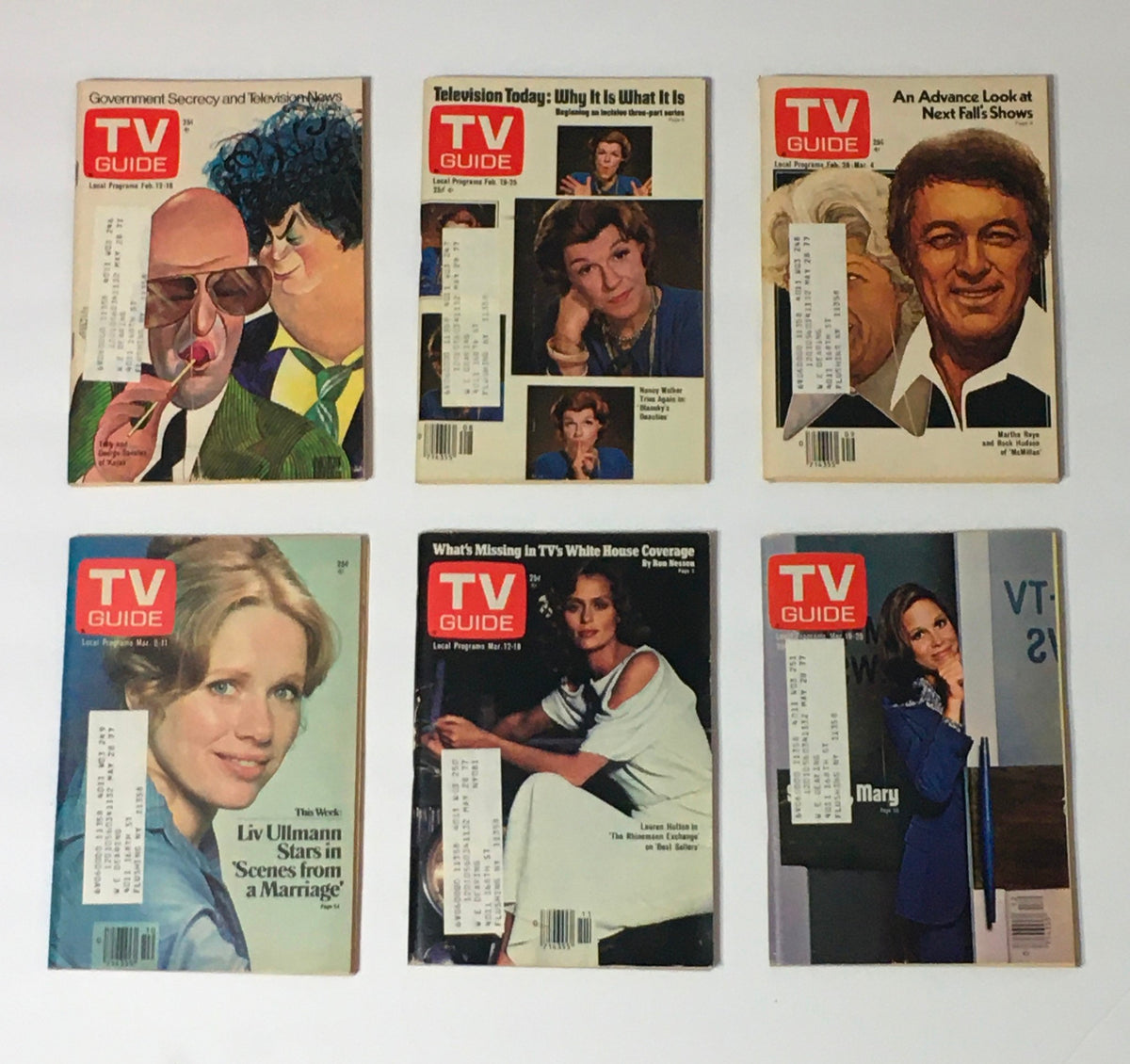 Complete Year Of TV Guide Magazines 1977, Special Issue Fall Preview. Six different issues featuring popular topics and TV personalities, showcasing the magazine's iconic cover design and retro aesthetic.
