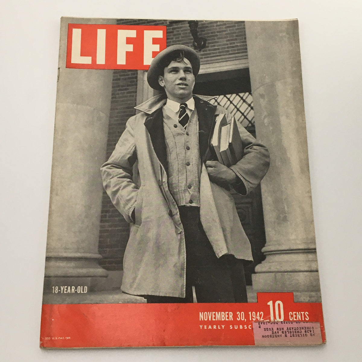 Cover of VTG Life Magazine from November 30, 1942, featuring an image of a young man in formal attire, showcasing a vintage style reflective of that era, with a prominent 'LIFE' logo and details about the magazine's contents including a feature on General George S. Patton.