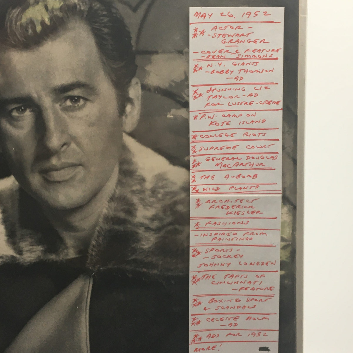 Inside page of VTG Life Magazine May 26 1952 with notable articles and features highlighted, centered around Actor Stewart Granger.