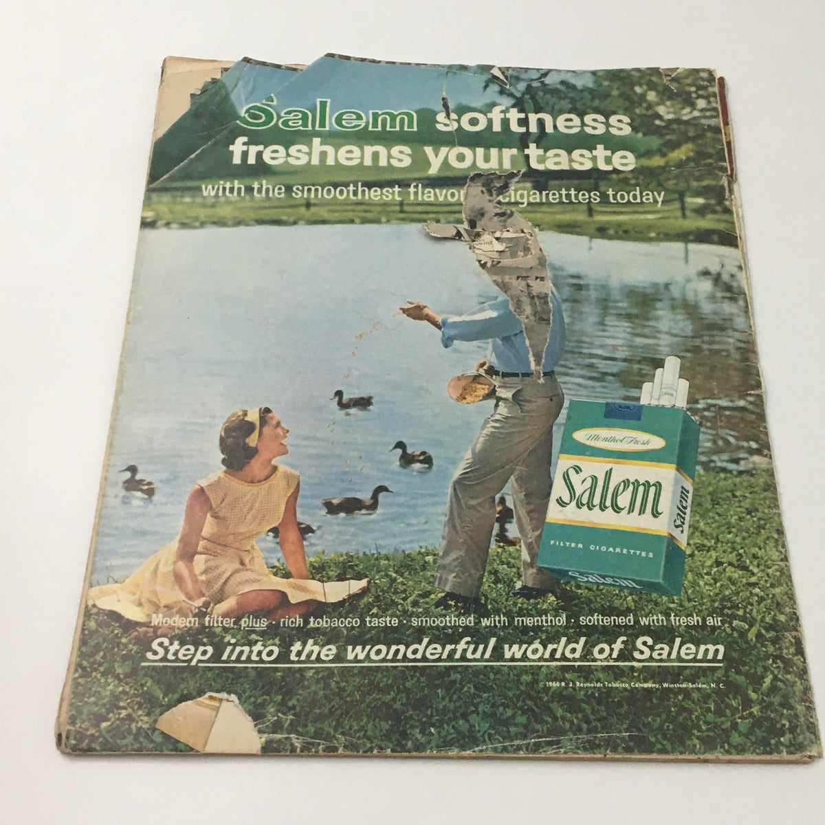 Back cover of the VTG Life Magazine July 10 1964 showcasing an advertisement for Salem cigarettes with a damaged corner.