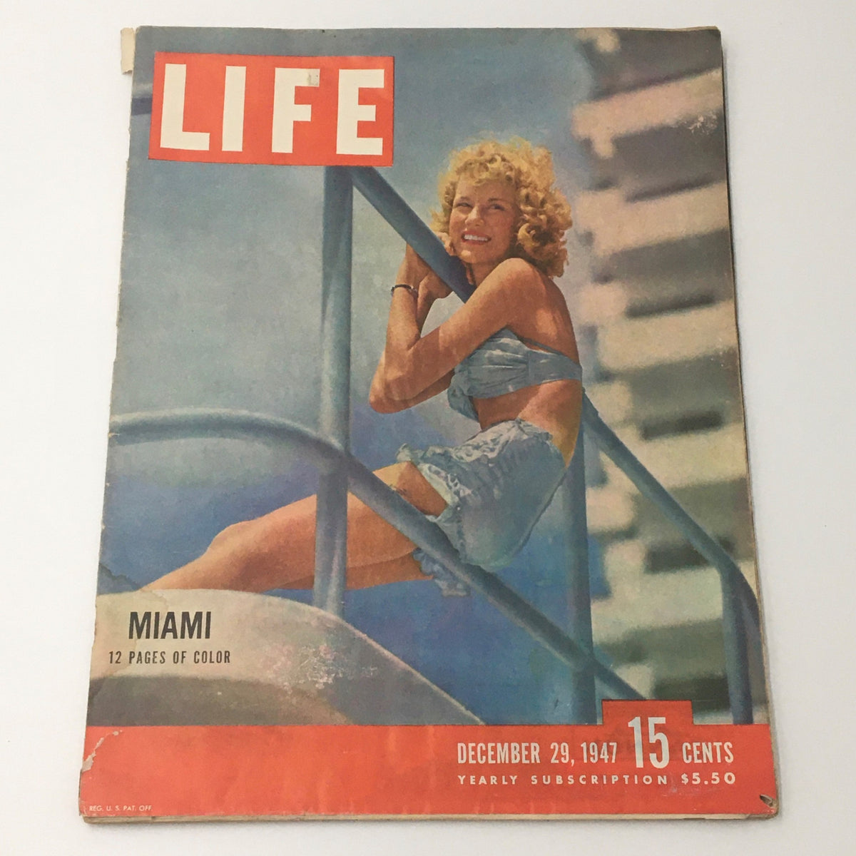 VTG Life Magazine December 29 1947 featuring a vibrant cover image showcasing a smiling woman in a blue outfit, emphasizing Miami's cultural allure with the tagline '12 Pages of Color'.