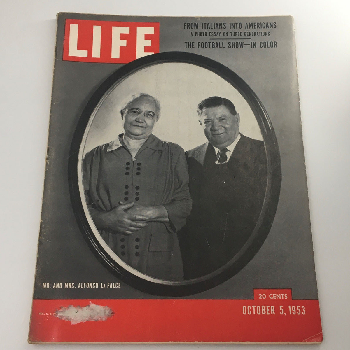 VTG Life Magazine October 5 1953 featuring Mr. and Mrs. Alfonso La Falce on the cover, displaying a vintage design with iconic red and black colors.