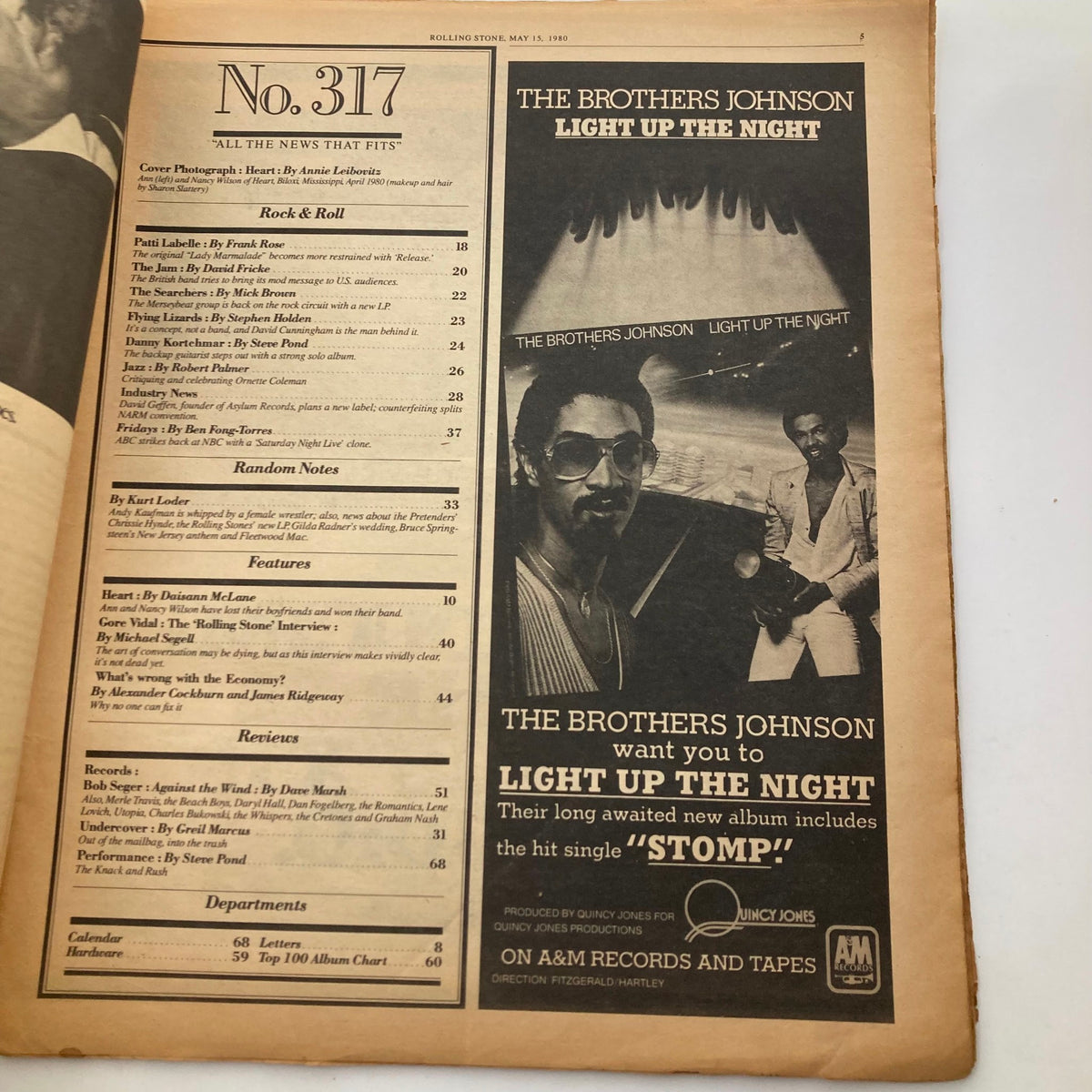 Interior of VTG Rolling Stone Magazine May 5 1980 No. 317 displaying the table of contents, featuring articles related to music culture and Rock & Roll.