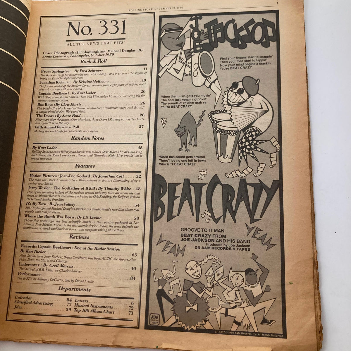 Table of contents page from VTG Rolling Stone Magazine November 27 1980, listing articles including features on Jill Clayburgh and Michael Douglas, Bruce Springsteen, and Joe Jackson.
