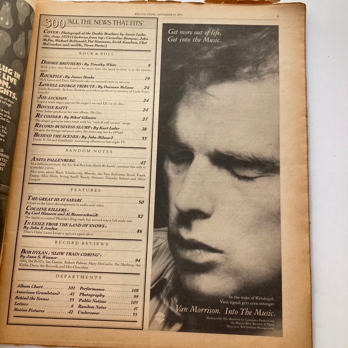 Page from VTG Rolling Stone Magazine September 20, 1979 displaying the contents and articles including the Doobie Brothers, highlighting music history.