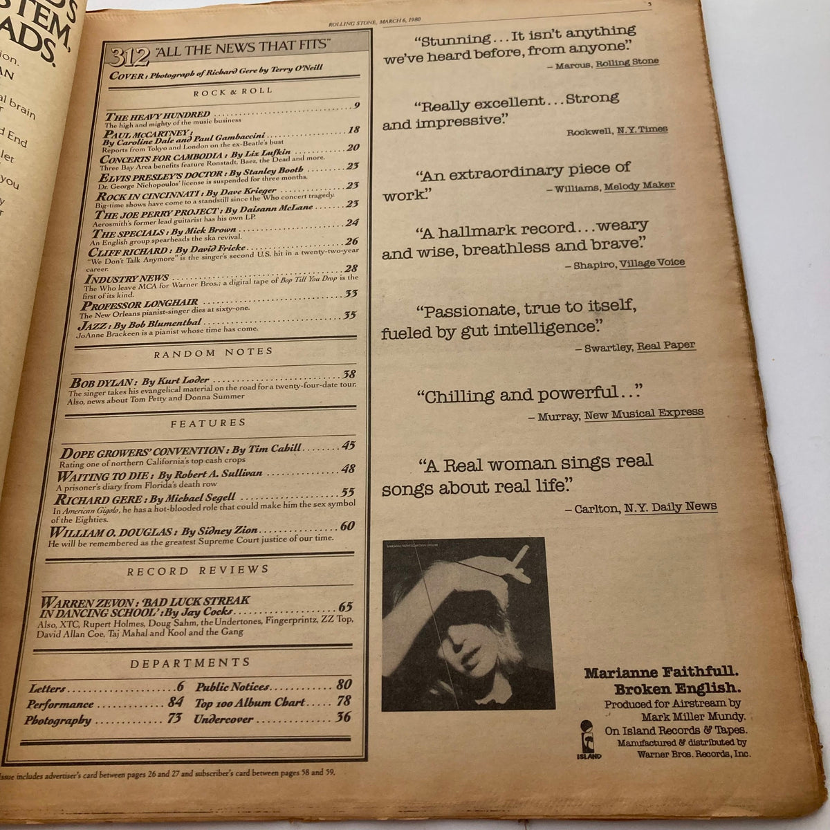 Inside page of VTG Rolling Stone Magazine March 6, 1980 No. 312, displaying the table of contents and highlights of articles including Richard Gere.