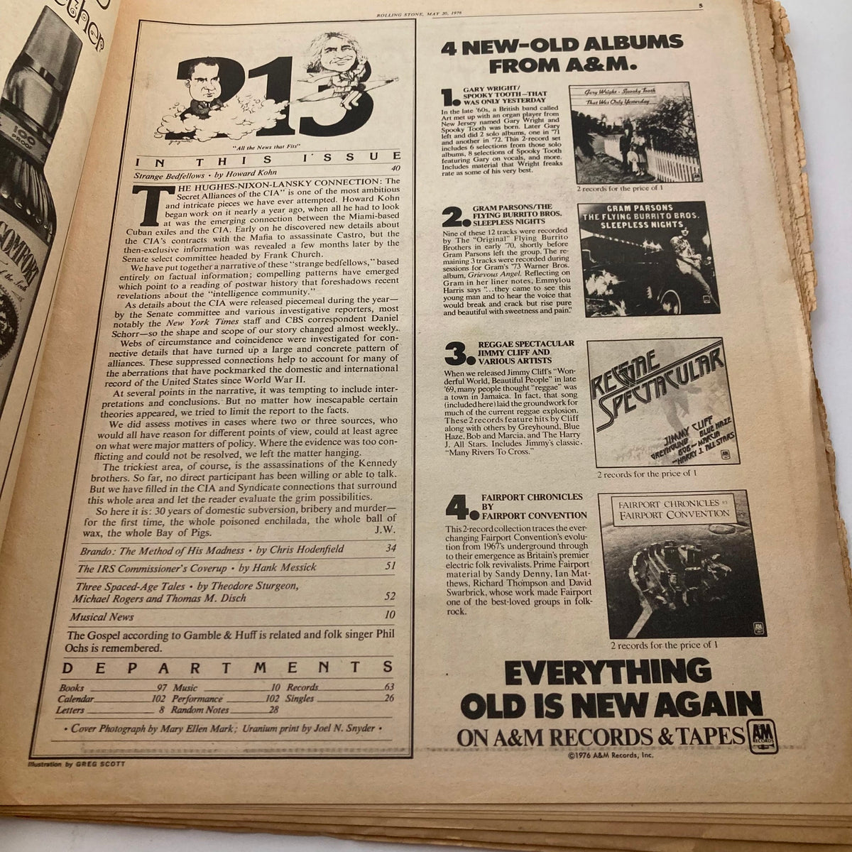 Inside page of the May 20, 1976 Rolling Stone magazine showing contents, including the feature 'Brando: The Method of His Madness.'