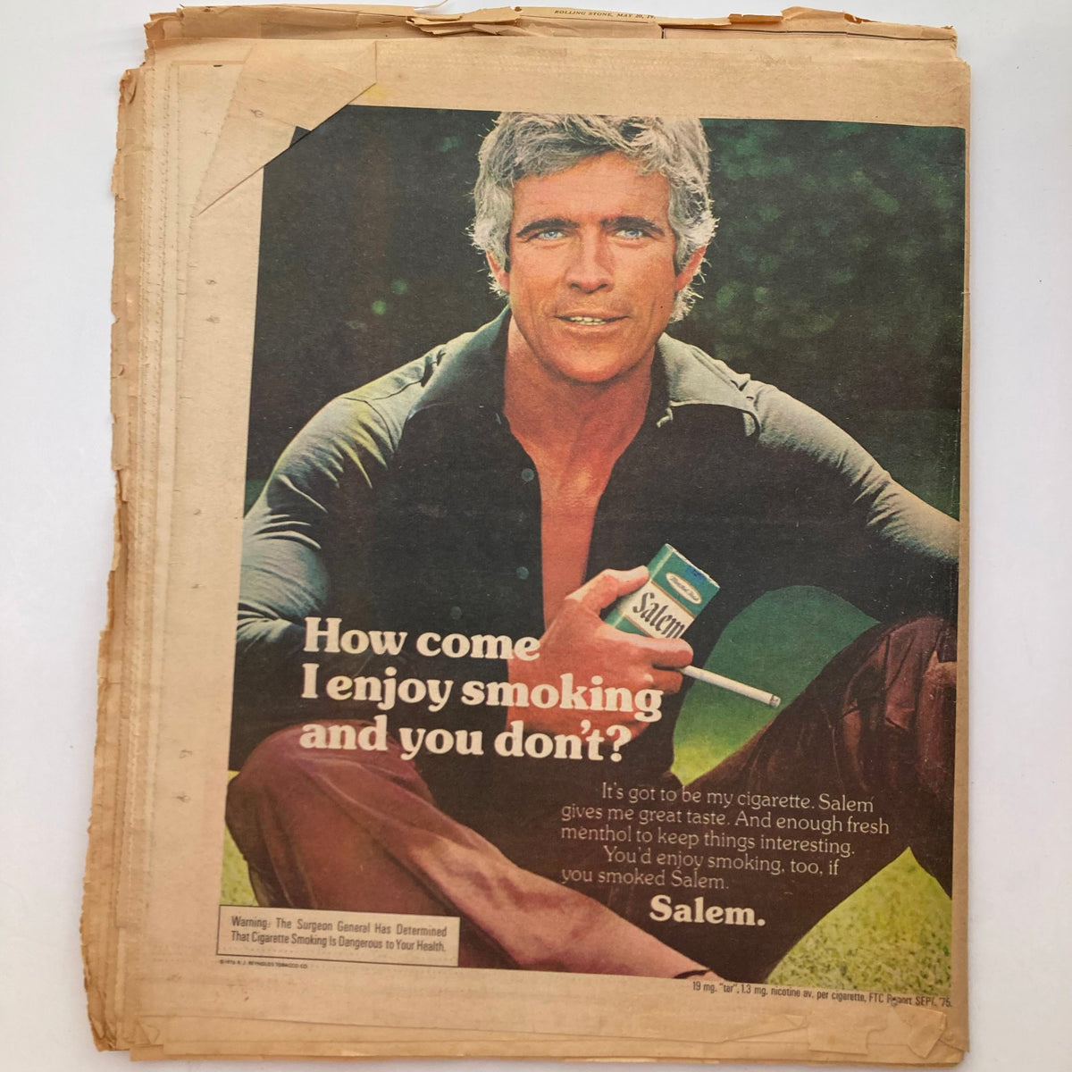Advertisement from the May 20, 1976 Rolling Stone magazine featuring a man promoting Salem cigarettes.