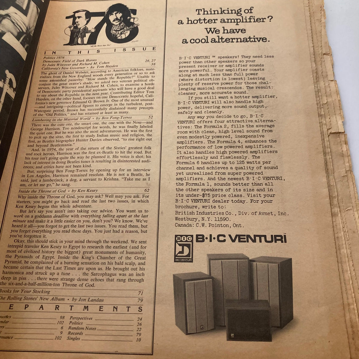 Inside page of the December 19, 1974 issue of Rolling Stone Magazine, featuring contents list and articles including pieces by Ken Kesey and Jon Landau, displaying the magazine's focus on politics and music during the mid-1970s.