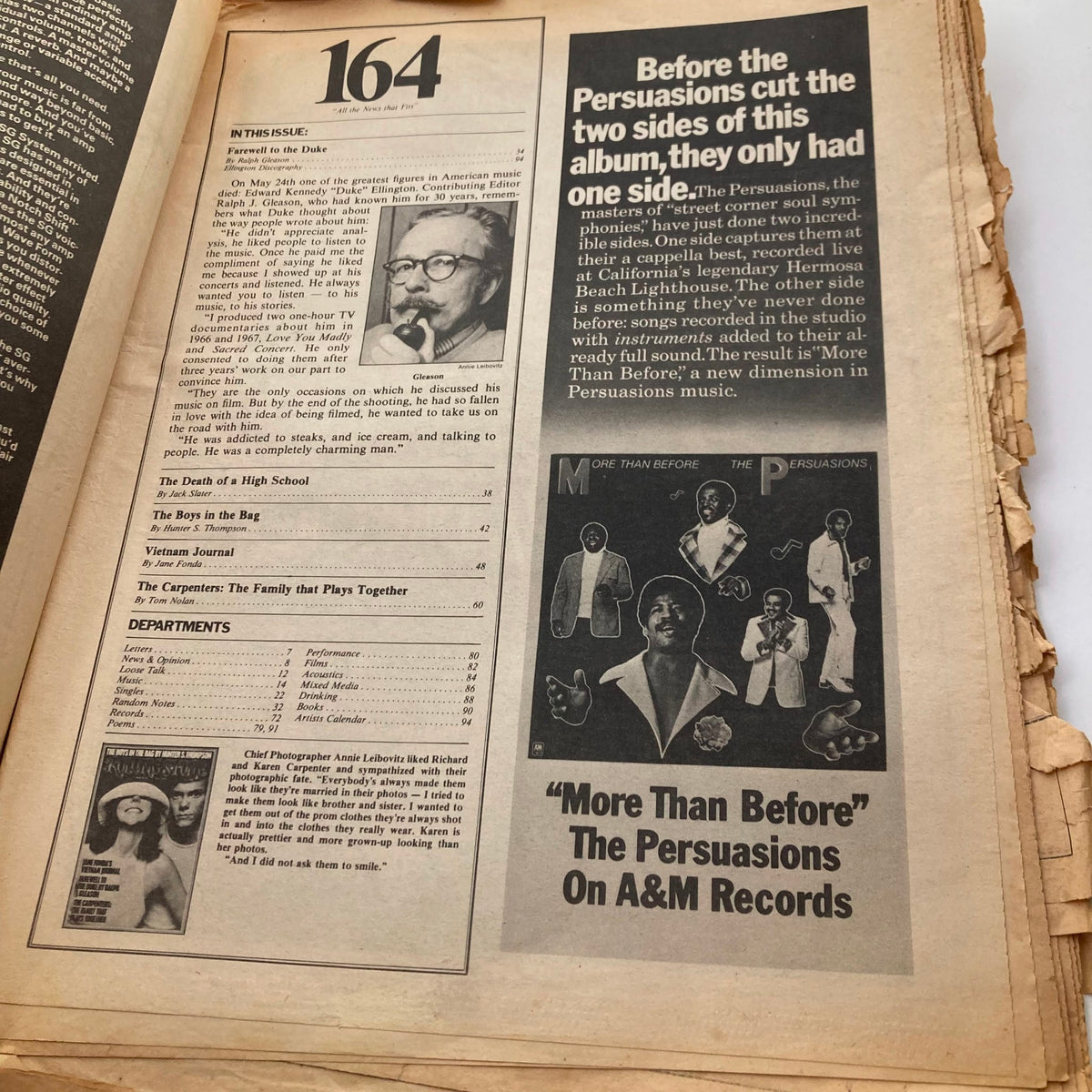 Interior page from Rolling Stone Magazine dated July 4, 1974, No. 164, featuring articles and ads including The Persuasions and The Carpenters.
