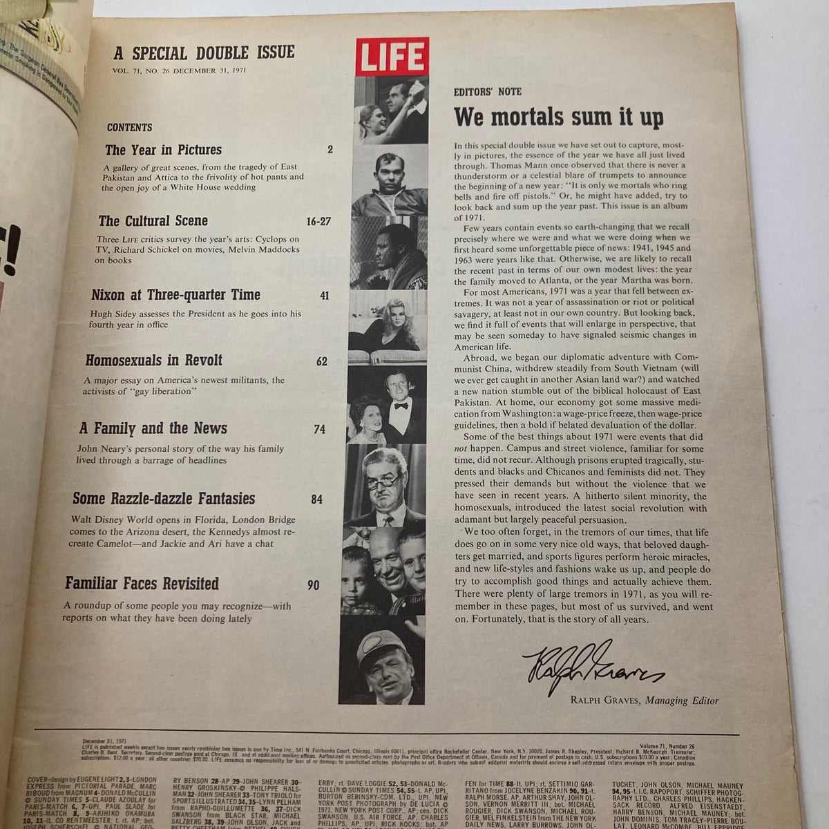 Inside page of the VTG Life Magazine December 31 1971, Volume 71 No. 26, displaying the table of contents and editor's note, summarizing the significant events of the year.