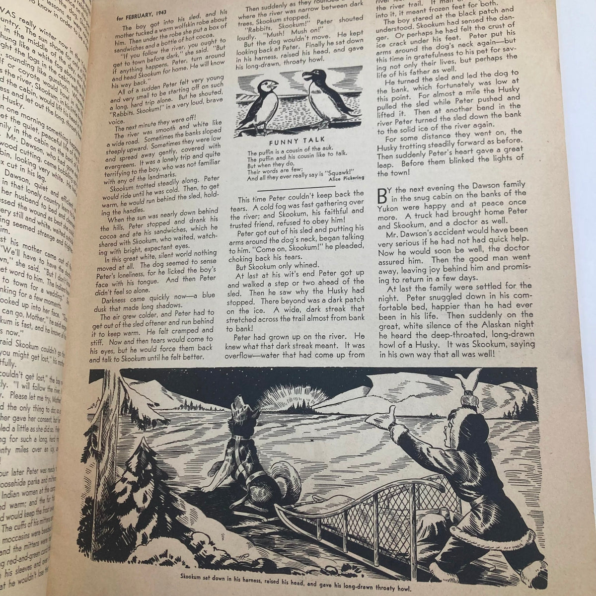 Story page from 'Children's Activities for Home and School February 1943,' illustrating a narrative with visual storytelling elements, perfect for enhancing children's reading and comprehension skills.