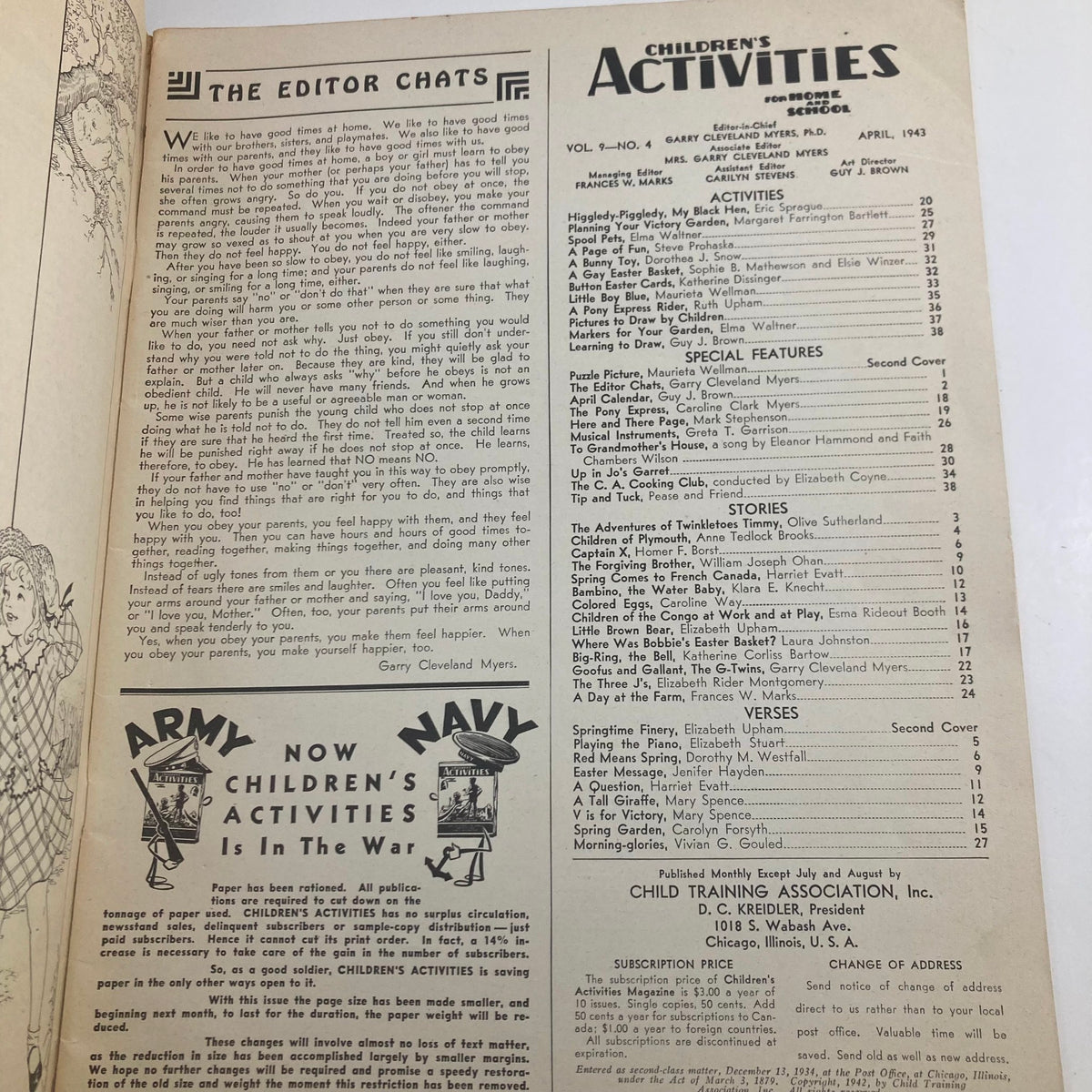 Interior page of Children's Activities for Home and School April 1943 showcasing editorial content, including the articles and activity listings, providing insights into engaging play and learning for children.