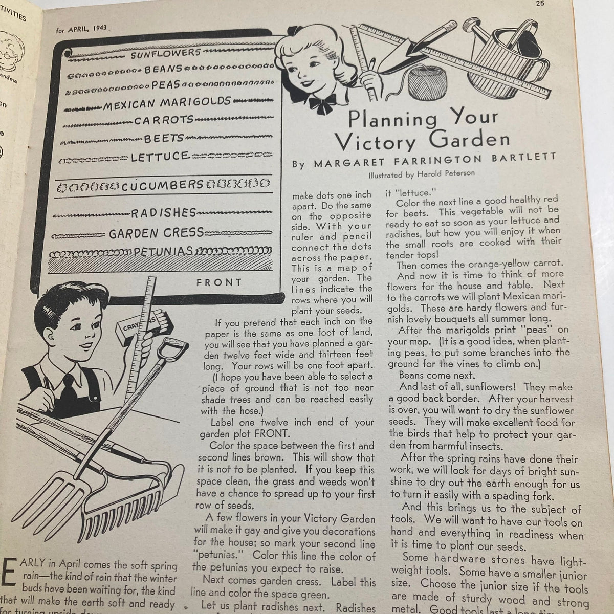 Children's Activities for Home and School April 1943 - Article on planning a Victory Garden with illustrations of children gardening and popular vegetables.