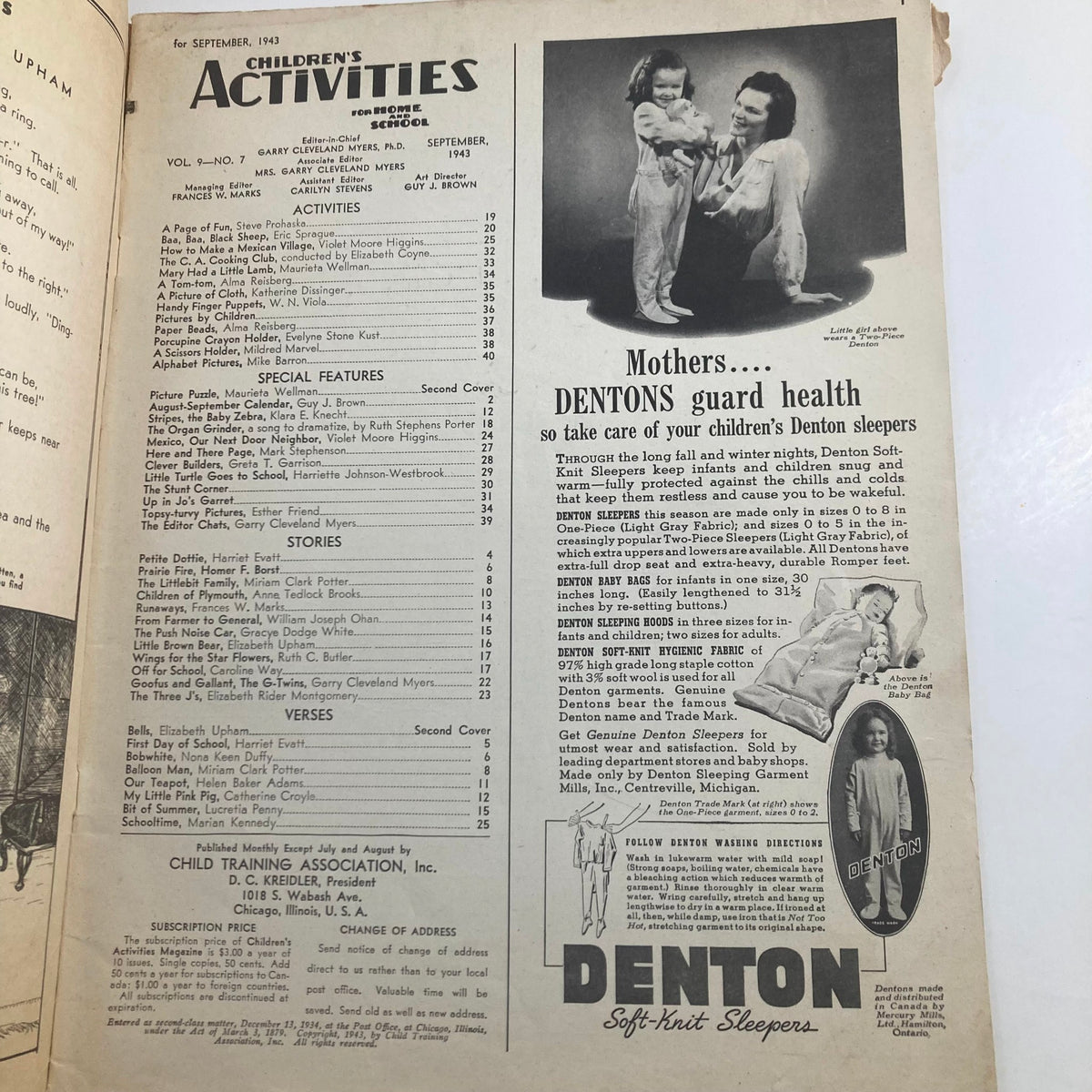 Interior page of Children's Activities for Home and School September 1943 Stunt Corner showing contents and special features, including activities, stories, and advertisements for children's dental products.