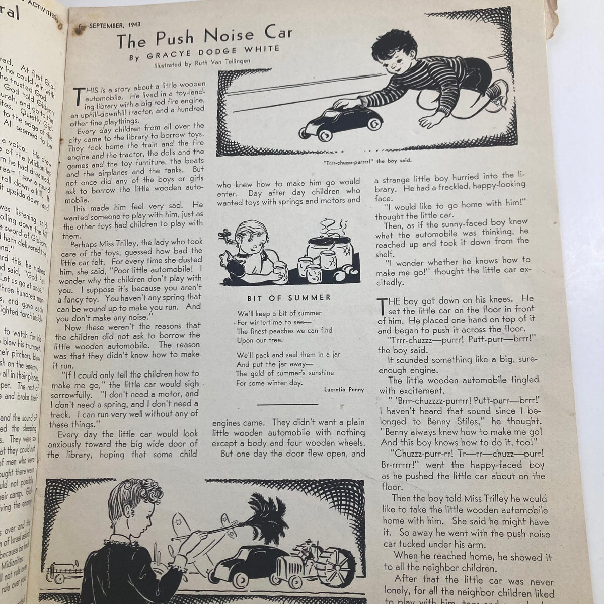 Children's Activities for Home and School September 1943 Stunt Corner: An illustration depicting a wooden push noise car and children engaging with toys, showcasing creative play and storytelling.