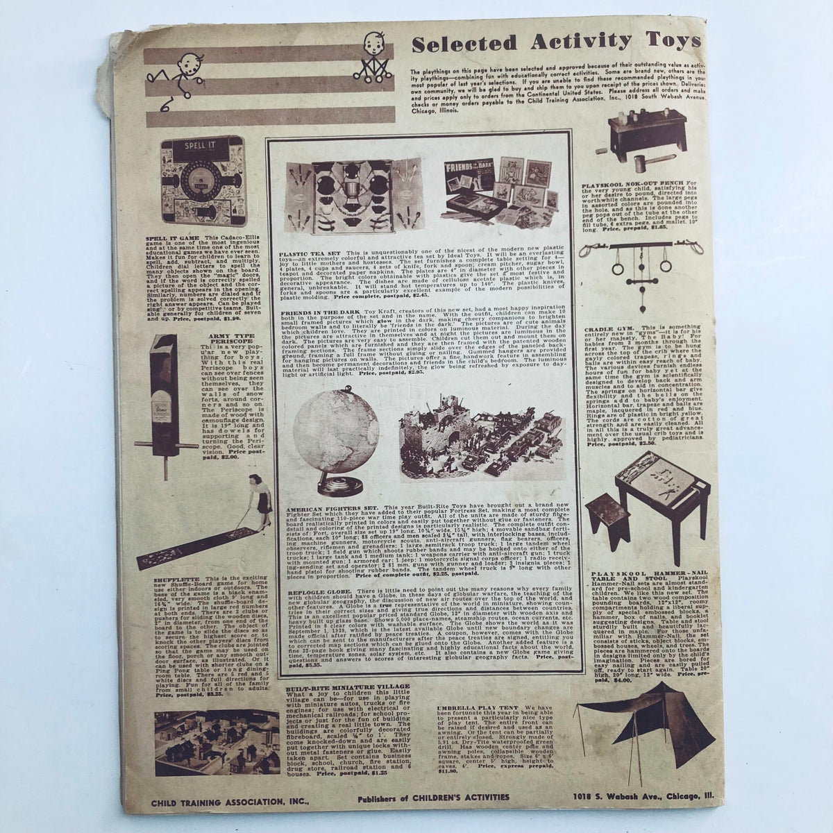 Children's Activities for Home and School September 1943 Stunt Corner: A back cover featuring selected activity toys, illustrating educational and playful options for children.