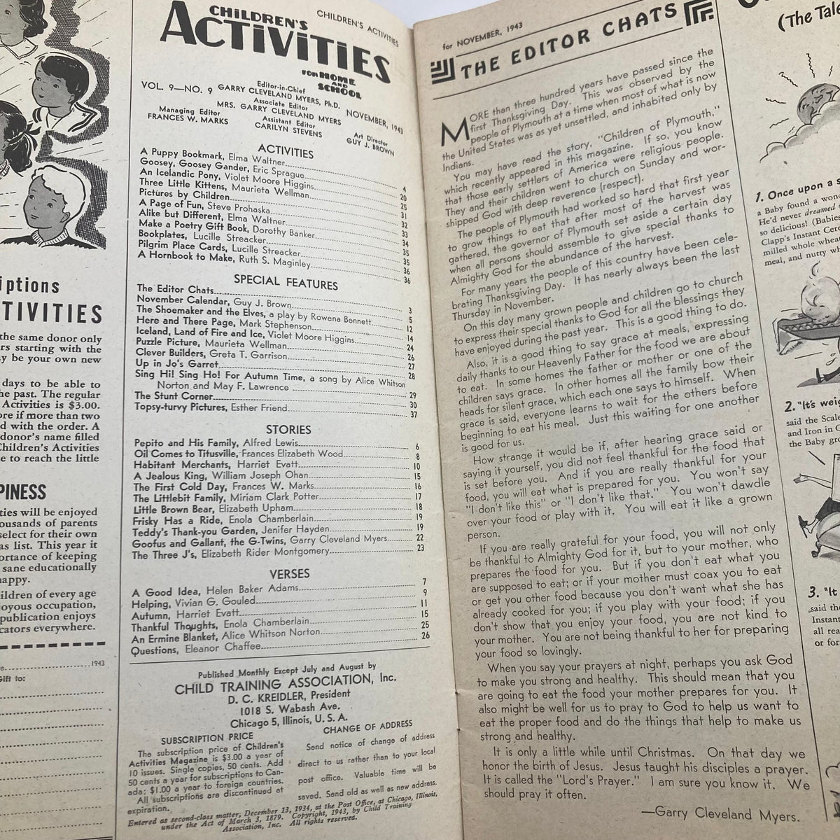 Interior page of Children's Activities for Home and School, November 1943, showcasing the table of contents with details on activities, stories, and educational features for children.