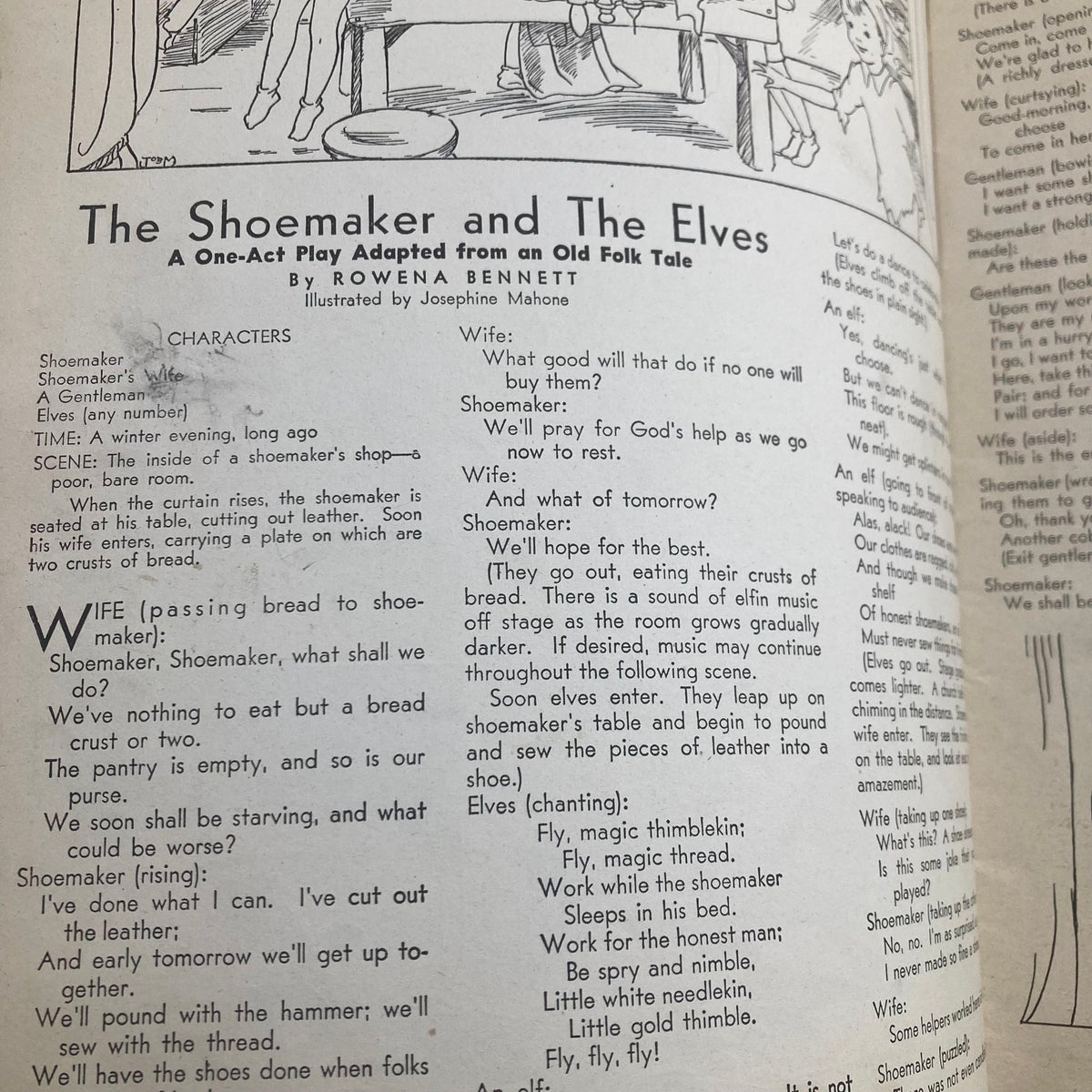 Page from Children's Activities for Home and School, November 1943, presenting a one-act play titled 'The Shoemaker and The Elves', an educational story for children.
