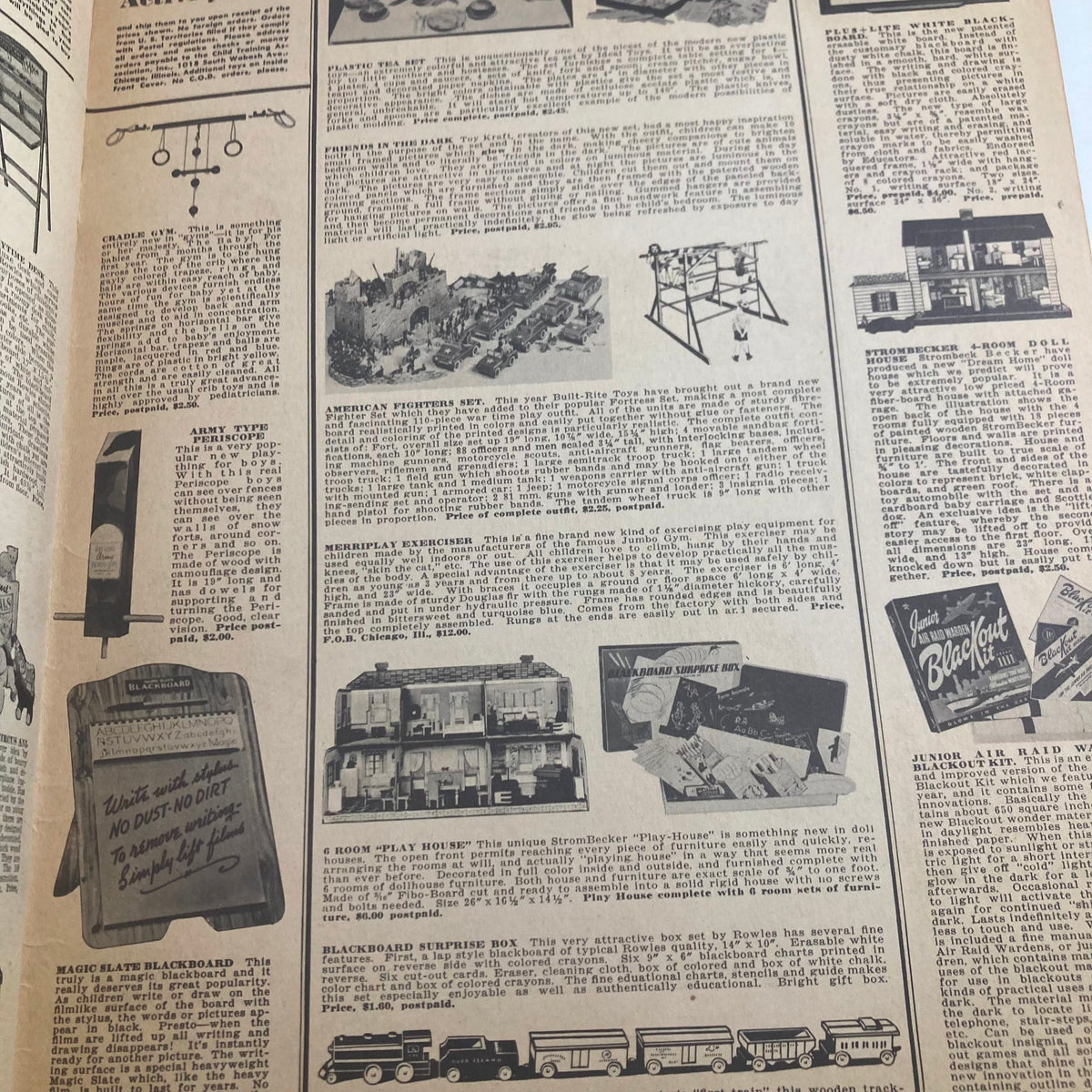 Advertisement page from Children's Activities for Home and School, November 1943, displaying vintage toys and educational products available at the time.