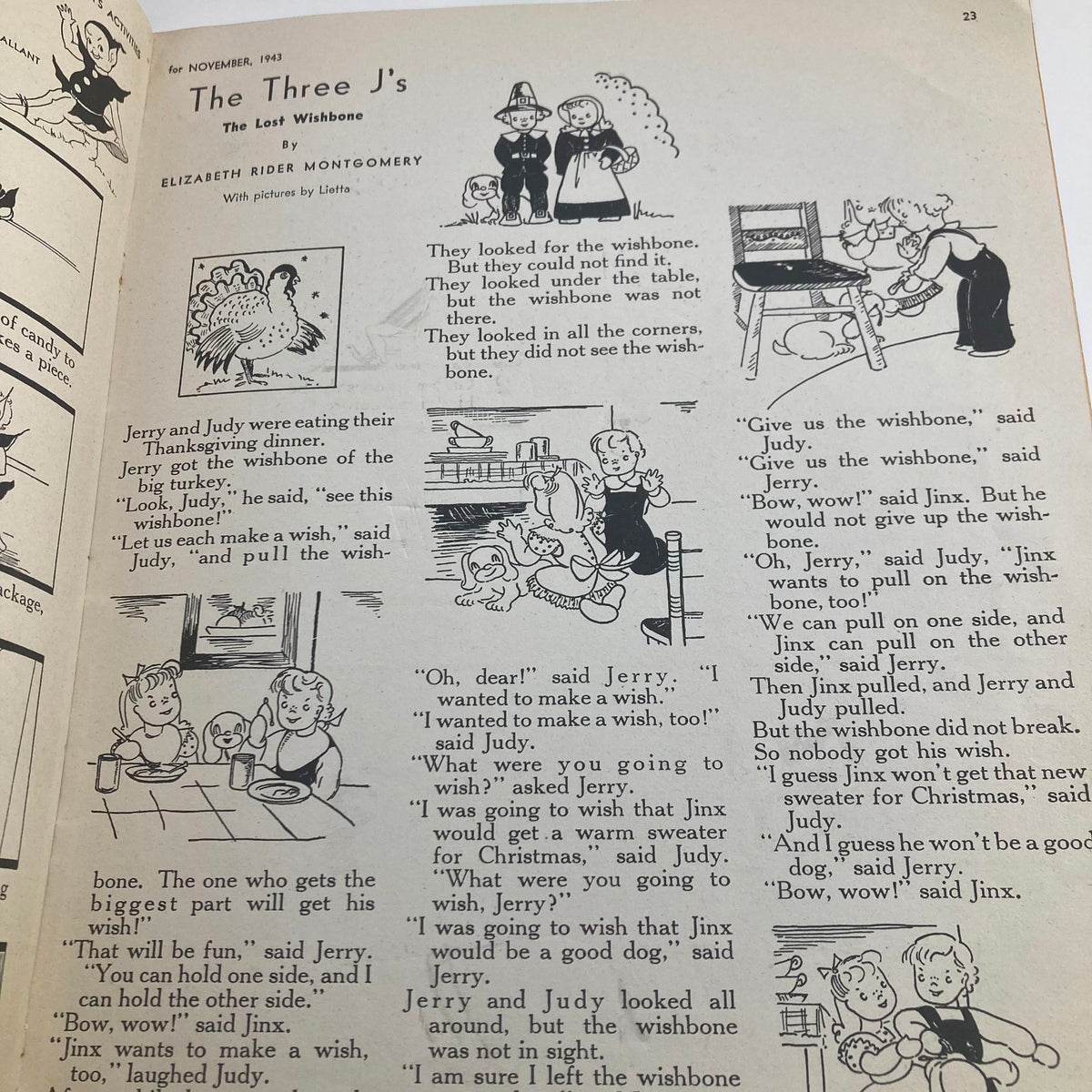 Story page from Children's Activities for Home and School, November 1943, titled 'The Three J's', featuring illustrations and a narrative about children's adventures.