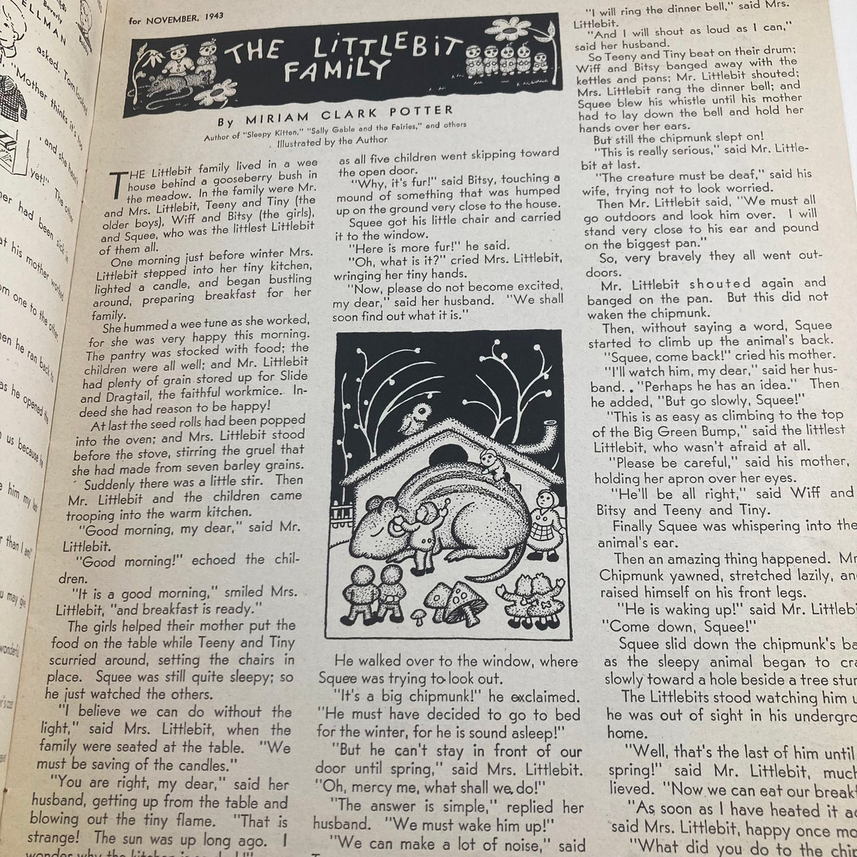 Illustration from 'Children's Activities for Home and School November 1943' featuring The Littlebit Family story, showcasing engaging characters and scenes designed to captivate children's imagination.