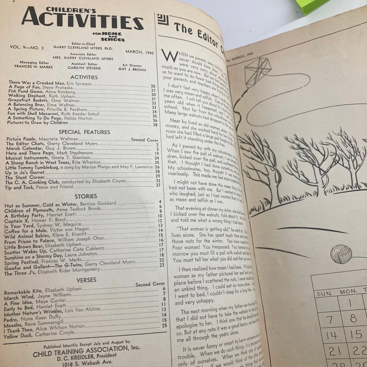 Interior page of 'Children's Activities for Home and School March 1943', listing contents like activities, games, and projects, with artistic illustrations and editorial notes.
